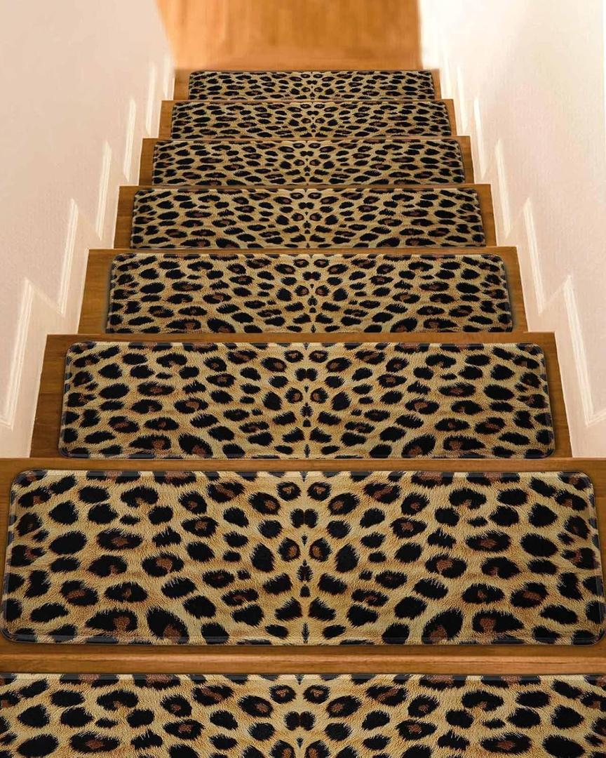 Leopard Print Stair Treads for Wooden Steps Indoor Runner Rug Carpet, Brown Yellow Retro Animal Fur Pattern 15 Pieces Peel and Stick Staircase Step Treads Covers Washable Throw Door Mats, 30"x8"