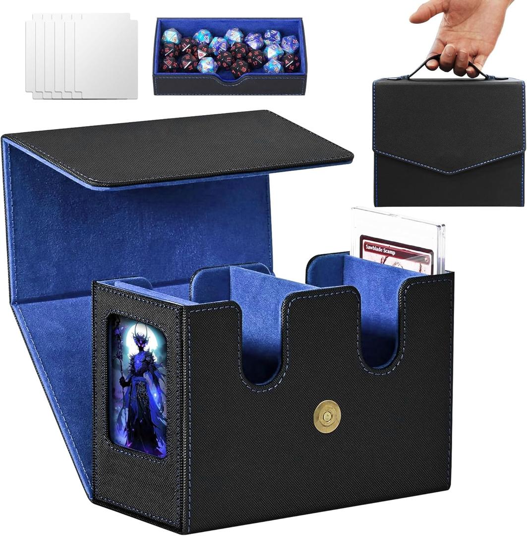 MTG Commander Deck Box-Patented Handle Design, Trading Card Storage Box Organizer Holds 236+ Double-sleeved Cards, Magnet Case with Dice Tray, 2 Card Holders, 6 Dividers for TCG, CCG, EDH -Black Blue