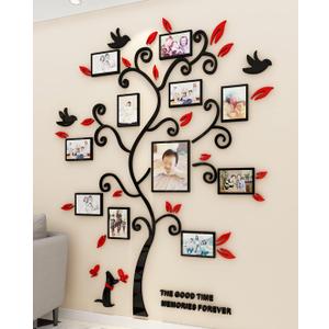 3D Tree Wall Stickers - Family Tree Wall Decor Black Trunk Picture Frame DIY Photo Frame Decals Family Frames Living Room (Red, Small)