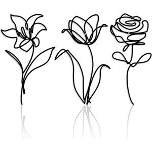 3 Pieces Metal Flowers Wall Arts Decor, Rustic Farmhouse Metal Wall Ornament Art Black Minimalist Floral Decor for Bathroom Kitchen Bedroom Living Room, 6x10 Inches - Housewarming Gifts