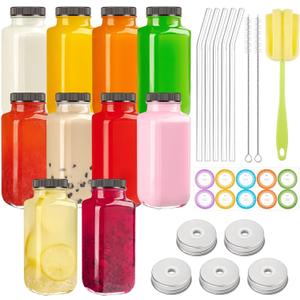 TUZAZO 10 Pack 8 Oz Glass Juice Bottles with Lids, Reusable Travel Drinking Jars Juice Containers, Glass Bottles for Juicing with Brush, Straws, Lids with Hole