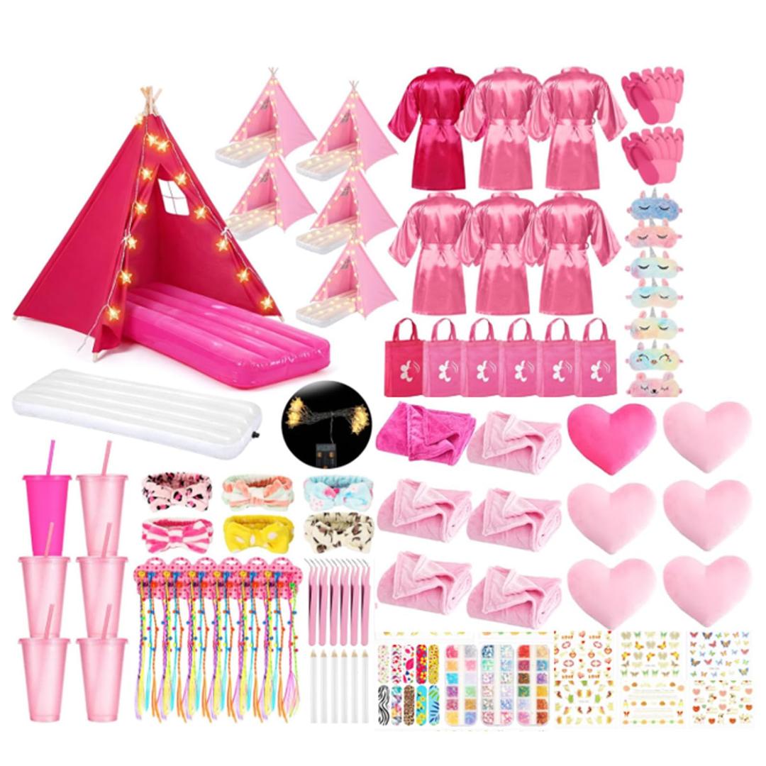 Slumber Party Teepee Tent, Throw Blanket Pillow, 5 Pink 1 Rose Red, 6 Set