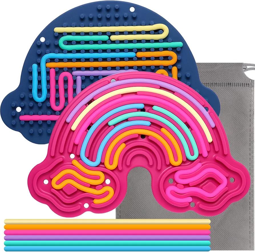 Hongvkae 2 Pack Sensory Activity Board Silicone Fidget Toy, DoubleSided Rainbow Sensory Toys for Autism, Stress, Anxiety, ADHD, Kids 3+& Adults, Includes Travel Bag & 24 Strings, Red & Dark Blue