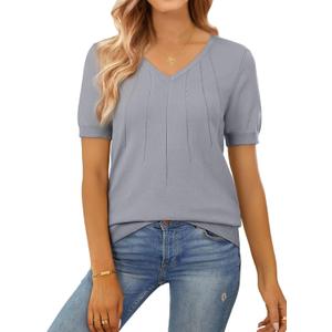 SHEWIN Women's Summer Short Sleeve Sweaters Crewneck Pleated Knit Tops Business Casual Work Shirts Blouses (Light Grey) XL