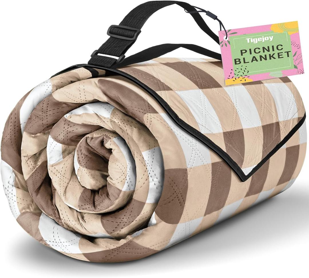 TigeJoy Extra Large Picnic Blanket Waterproof Foldable 80''x80'', Outdoor Picnic Mat Beach Blanket Sandproof for Park, Grass, Travel, Hiking, Camping Essentials, Gingham Picnic Blanket (Khaki)