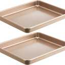 HONGBAKE 2 Pack 11 x 9 Inch Toaster Oven Pans and Trays, Small Baking Sheet Set for Cooking, Non-Stick Cookie Sheets, Heavy-Duty 0.8mm Thick, Easy to Clean, 1.26 Inch Deep, Gold