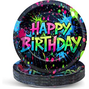 60PCS Neon Birthday Party Plates Glow Happy Birthday Party Supplies 7Inch Neon Dessert Plates Tableware Supplies Disposable Glow in the Dark Colorful Graffiti Dinnerware for K-Pop Parties Favors