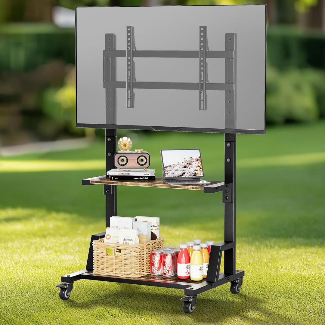 HYPIGO Outdoor TV Stand with Large Storage, Mobile TV Cart for Most 32-75 Inch TVs, Max VESA 600x400mm, Supports 150 lbs, Height Adjustable Portable TV Stand for Home, Office, Outdoor(Rustic Brown)