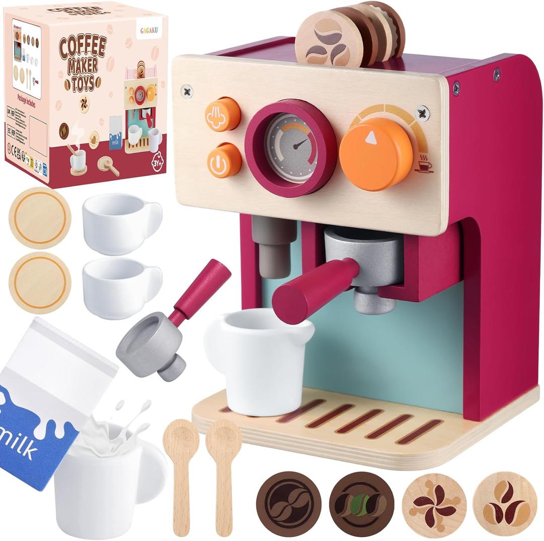 GAGAKU Wooden Coffee Machine Toy for Toddlers, Montessori Learning Toys for 3 4 5 Year Old Girls & Boys, Realistic Pretend Play Kitchen Accessories with Espresso Maker & Latte Art Set