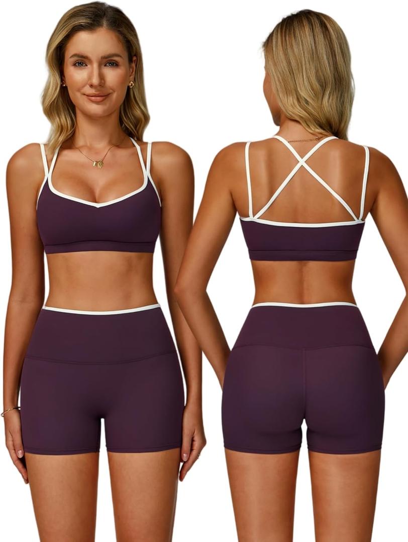ABOCIW Workout Sets for Women 2 Piece Color Block Strappy Sports Bra High Waist Shorts Gym Yoga Pilates Outfits (Small, Eggplant Purple)