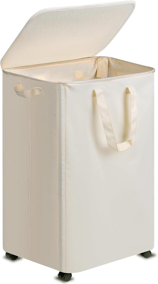 Vincona Slim Laundry Hamper with Lid and Wheels, Small Rolling Laundry Basket with Handle for Small Spaces, Tall Dirty Clothes Hampers for Dorm, Bathroom and Bedroom, 95L, Beige