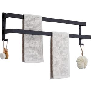 Double Towel Bar Towel Racks for Bathroom, Bath Towel Holders Wall Mount, Stainless Steel Towels Shelves Towel Rail, 2-Tiers (Matte Black, 32 Inches)