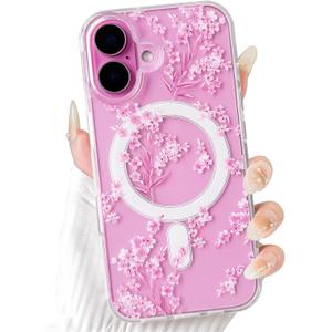 NITITOP Compatible with iPhone 16 Plus Case Clear Magnetic Compatible with MagSafe Cute Flowers Floral Leaves for Women Girls Hard PC Back Shockproof Protective Phone Cover, Pink