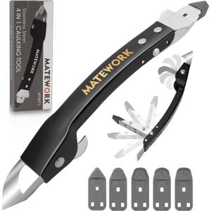 Caulking Tool Kit, Stainless Steel Caulk Remover Tool, 4 in 1 Grout Removal Tool, Sealant Finishing Tool with 5 Silicone Pads, Caulk Removal Tool for Shower Kitchen Bathroom Floor Window Sink, Black