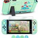 DLseego Protective Case Design for Switch Model, Newest Pattern Animal Crossing Design Cover Case with 2 Pcs Glass Screen Protectors and 4 Pcs Cute Thumb Grip Caps Green Accessories Set