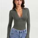 PINKMSTYLE Women Sexy V Neck Long Sleeve Bodysuit Slim Fit Ruched Going Out Y2K Top Flared Sleeve Collared Shirts Fall Outfit (Medium, Gray Green)