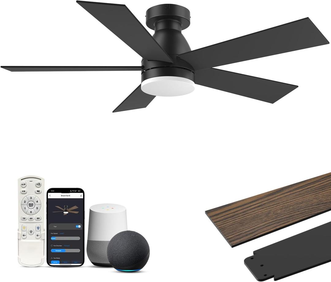 42In Smart Ceiling Fans with Lights Remote,Control via Voice Alexa App,Quiet DC Motor,Flush Mount Low Profile Ceiling Fan for Modern Bedroom,Patio,Outdoor Indoor,Black&Brown,6 Speed,Dimmable,5 Blade