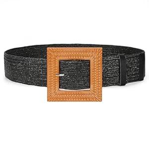 SANSTHS Womens Wide Elastic Belt, Boho Straw Braided Belt for Dresses Jeans Coats with Square Buckle, Black S