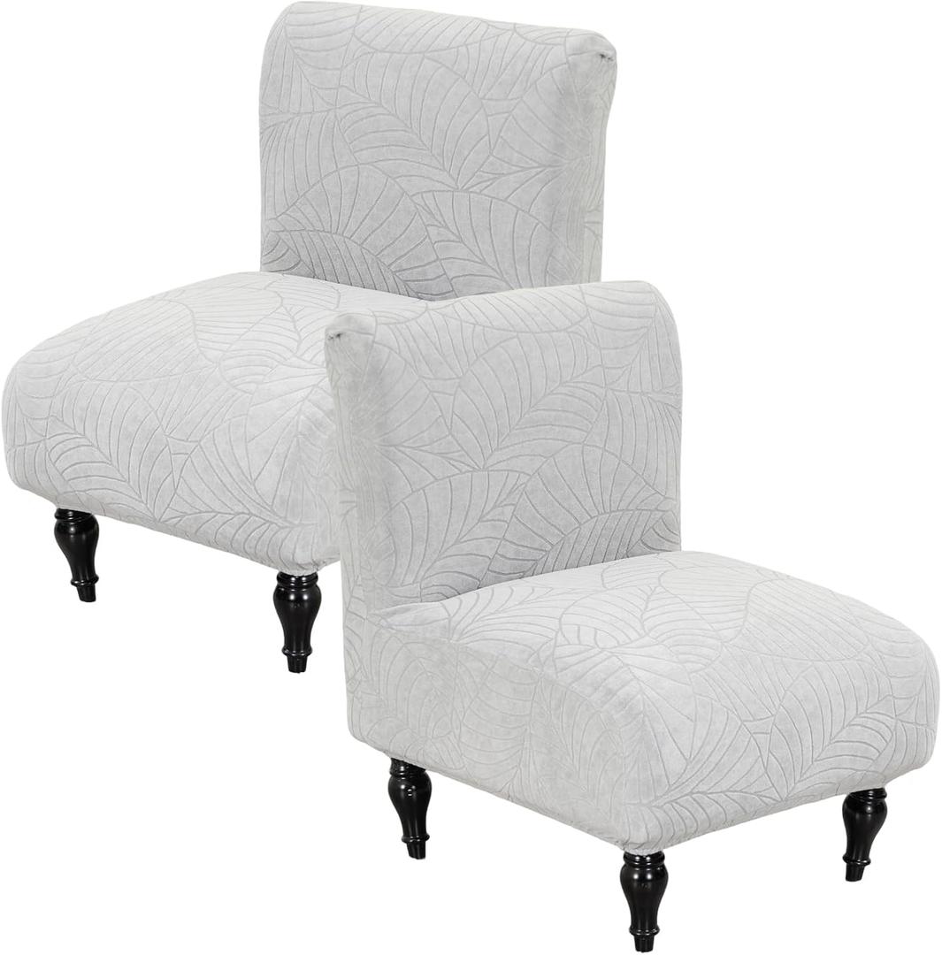 Armless Accent Chair Cover Stretch Leaf Jacquard Chair Covers for Living Room Armless Slipper Chair Slipcover Chair Furniture Protector Covers (Light Grey, 2PCS)