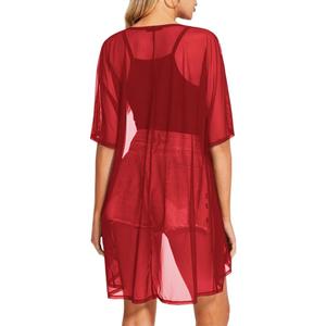 BelleLovin Sheer Cardigans for Women Half Sleeve Open Front Mesh Kimono Coverups (X-Large, Red)