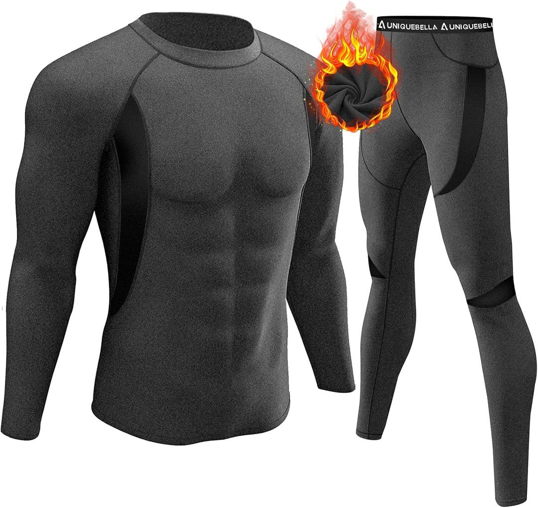 UNIQUEBELLA Men's Thermal Underwear Sets Top & Long Johns Fleece Sweat Quick Drying Thermo Base Layer (Black Yarn) S