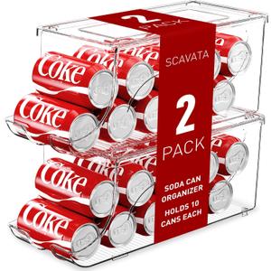 SCAVATA 2 Pack Stackable Refrigerator Organizer, Soda Can Dispenser Pop Cans Container Beverage Holder with Lid for Fridge, Freezer, Kitchen, Clear Plastic Storage BinsHolds 10 Cans Each