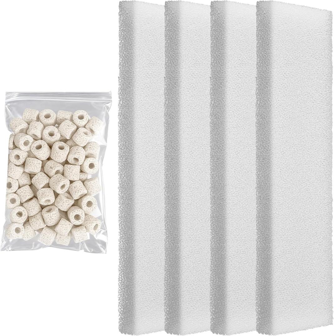 Threlaco 5 Pcs Filter Foam Pad and Filter Media Set Compatible with U4, Including 4 Underwater Foam Pad, 220g Ceramic Rings Underwater Media Maintenance Replacement Kit for Aquarium, Fish Tank