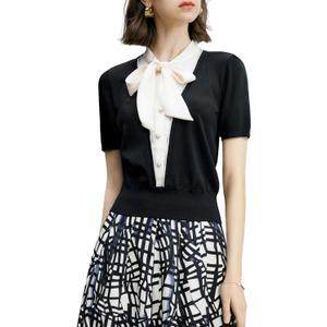Women's Black and White Color Block Knit Short Sleeve T-Shirt, Faux Two-Piece Design with Pearl Button, Elegant, XL