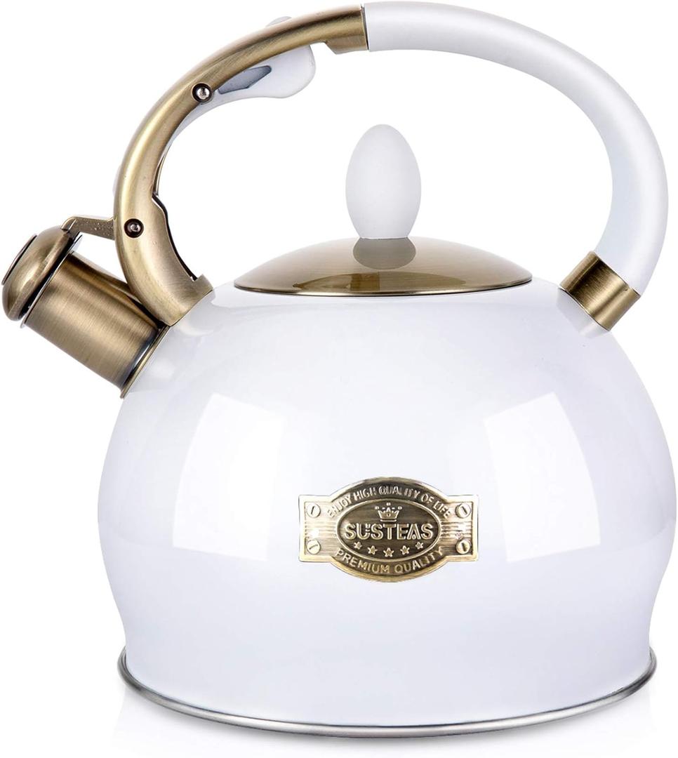SUSTEAS Stove Top Whistling Tea Kettle  Food Grade Stainless Steel Teakettle Teapot with Cool Touch Ergonomic Handle, With 1 Silicone Pinch Mitt Included, 2.64 Quart(WHITE)