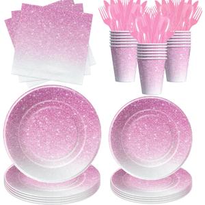 Ombre Pink Party Decorations Tableware, Gradient Pastel Party Supplies, Plate, Cup, Napkin, Cutlery, Light Pink Sprinkle Wedding Birthday Anniversary Decorations for Girl Woman | Serves 24