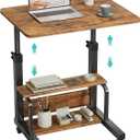 WINAZ C Shaped Rolling Laptop Desk - 24" Rustic Brown Mobile Desk with Wheels for Small Spaces, Height Adjustable Overbed Table with 2-Tier Storage Shelves, 23.6"