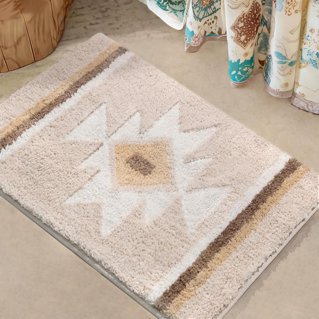 Bathroom Rugs Beige Boho Bath Mat Non Slip, Soft Absorbent Washable Bath Rug Floor Mat for Bathroom Shower Tub Modern Decor 18x24