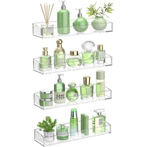 4PCS Acrylic Floating Shelves for Wall, 15" Clear Acrylic Shelves, Bathroom Shelf with Two Types of Installation, Space Saving Hanging Wall Shelf for Bathroom, Living Room, Bedroom, Kitchen