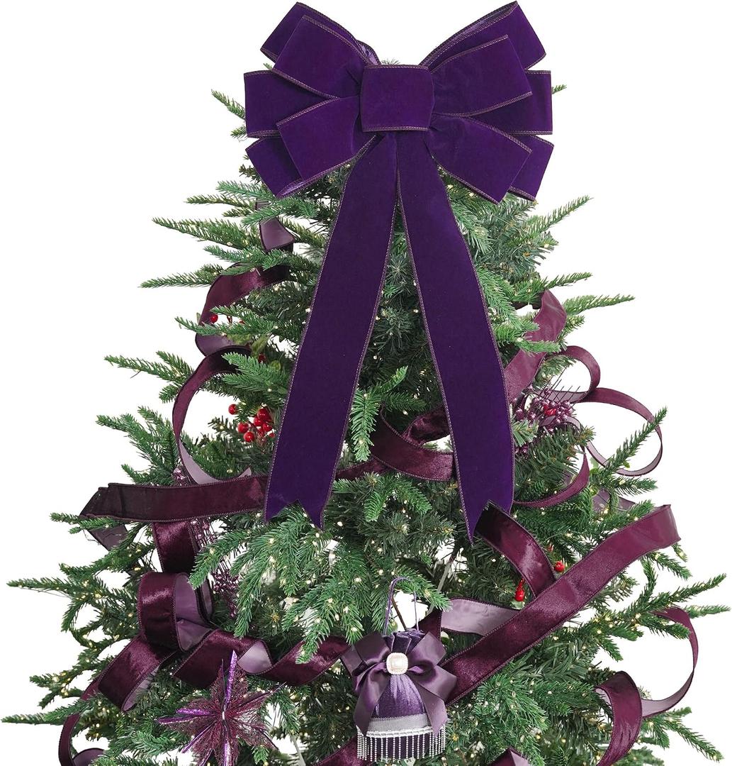 13" Purple Bow Pre-Tied Bow for Christmas Tree, Purple Velvet Ribbon Bow for Wreaths, Tree Toppers Bow, Premade Bow, Gift Bow for Party Favor, Christmas Home Indoor Outdoor Decor-1 Counts