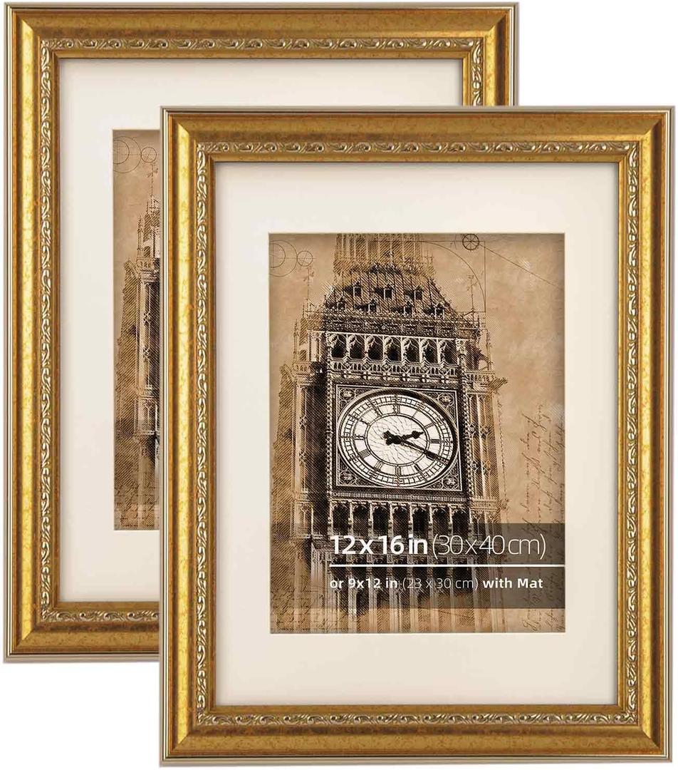 12x16 Vintage Gold Convex Embossed Motif Ornate Classic Picture Frame, Matted to 9x12 inches, Plexiglass Cover, 2 Pack, 12 x 16 in 2pk