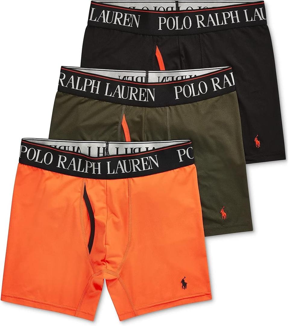 POLO RALPH LAUREN Men's 4D Flex Cooling Microfiber Boxer Briefs, Long Leg & Trunks Available, 3-Pack (Medium, Active Orange/Polo Black, Company Olive/Active Orange - 3 Pack)
