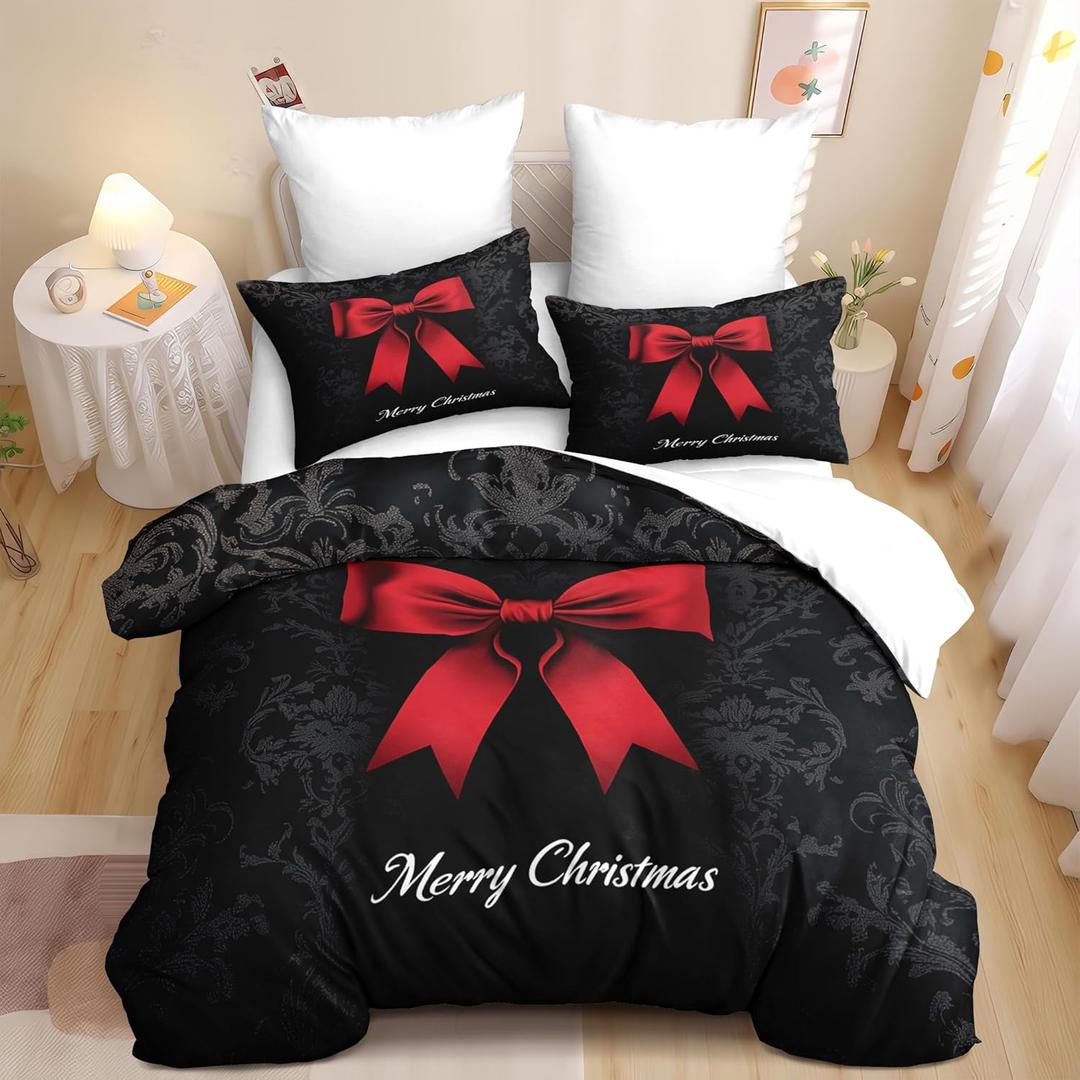 Black Merry Christmas Comforter Set Queen Size,Red Bow Bedding Set for Women Adult,Christmas Holiday Decor Comforter,3Pcs Soft Warm Bed Set with 2 Pillowcases(90 * 90)