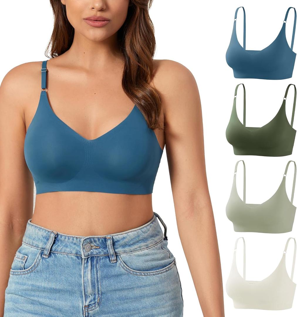 DEANGELMON V Neck Bra Padded Seamless Adjustable Straps Bralettes Everyday Basic Sleeping Bras Pack o 3 (Medium)