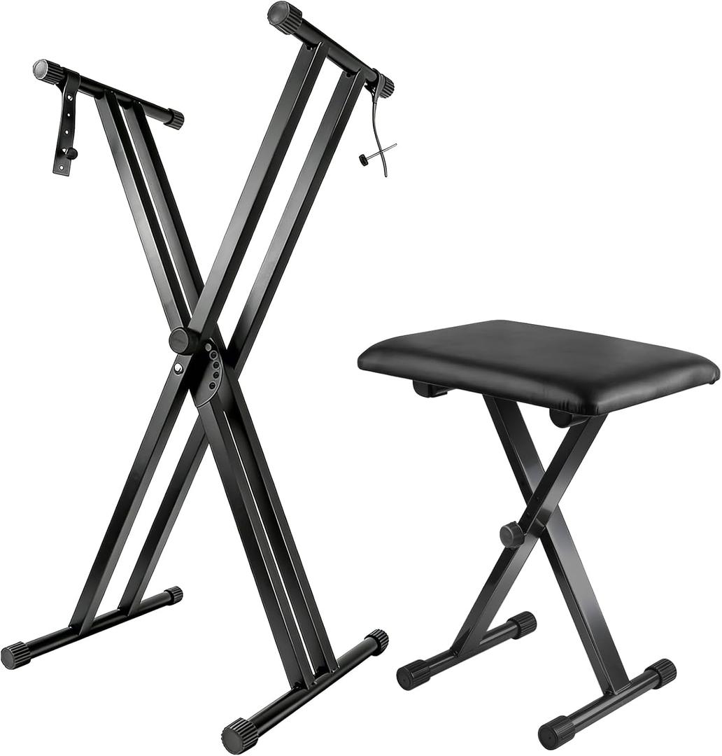 Keyboard Stand Piano Bench Set, 2026 Upgrade Heavy Duty Double X Keyboard Stand Piano Stand, Adjustable&Portable Digital Piano Stand with Locking Straps (Piano Keyboard Stand x 1, Piano Bench x 1), for 54-88 key Electric Pianos
