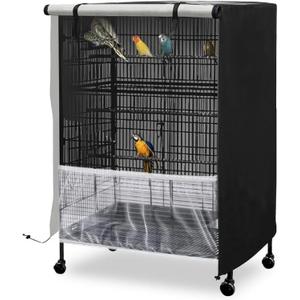 Bird Cage Cover, 600D Universal Parrot Cage Cover for Night, 100% Shading Oxford Cloth with Waterproof PU Coating Layer, Adjustable Soft Airy Nylon Mesh Net