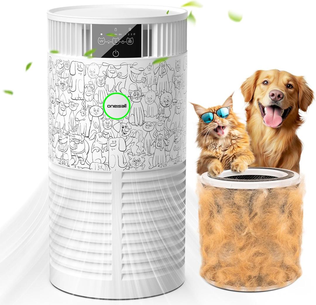 oneisall Pet Air Purifier with Washable Filter Covers Up to 1200 Ft, Quiet Home Pets Air Cleaner Upgrade for Pet Hair Dander,Smell Odor and Allergies, with 3-in-1 HEPA Filter