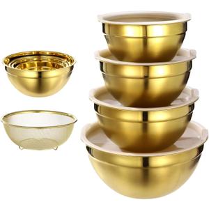 5 PCS Golden Mixing Bowls, Stainless Steel Salad Bowls with Airtight Lids, Mirror Finish Nested Mixing Bowl Set with Mesh Strainer, 4 Bowl Sizes for Baking, Meal Prep, Food Serving