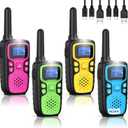 Wishouse Walkie Talkies for Kids Rechargeable Long Range,Xmas Birthday Gift for 4 5 6 7 8 9 Year Old Boys Girls,Hiking Gear Camping Games Cool Toys with NOAA,SOS Siren,Lamp,Lanyards,Easy to Use,4 Pack (Pink Green Yellow Blue)