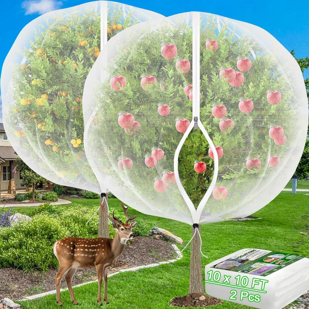 VITI Large Fruit Trees Netting Zipper - 2Pcs 10X10 FT with Drawstring Bird-Proof,Durable Mesh Covers for Blueberry,Apple,Pear,Peach,Orange Trees&Tomato Plants Bug Insect Protection Cover (2, 10X10 FT)