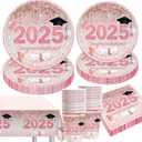 Pink Graduation Decorations Class of 2025, Pink Rose Gold Graduation Party Disposable Paper Plates Napkins Cups Tablecloth for 2025 Graduate Party Decorations Supplies Set, Serve 30