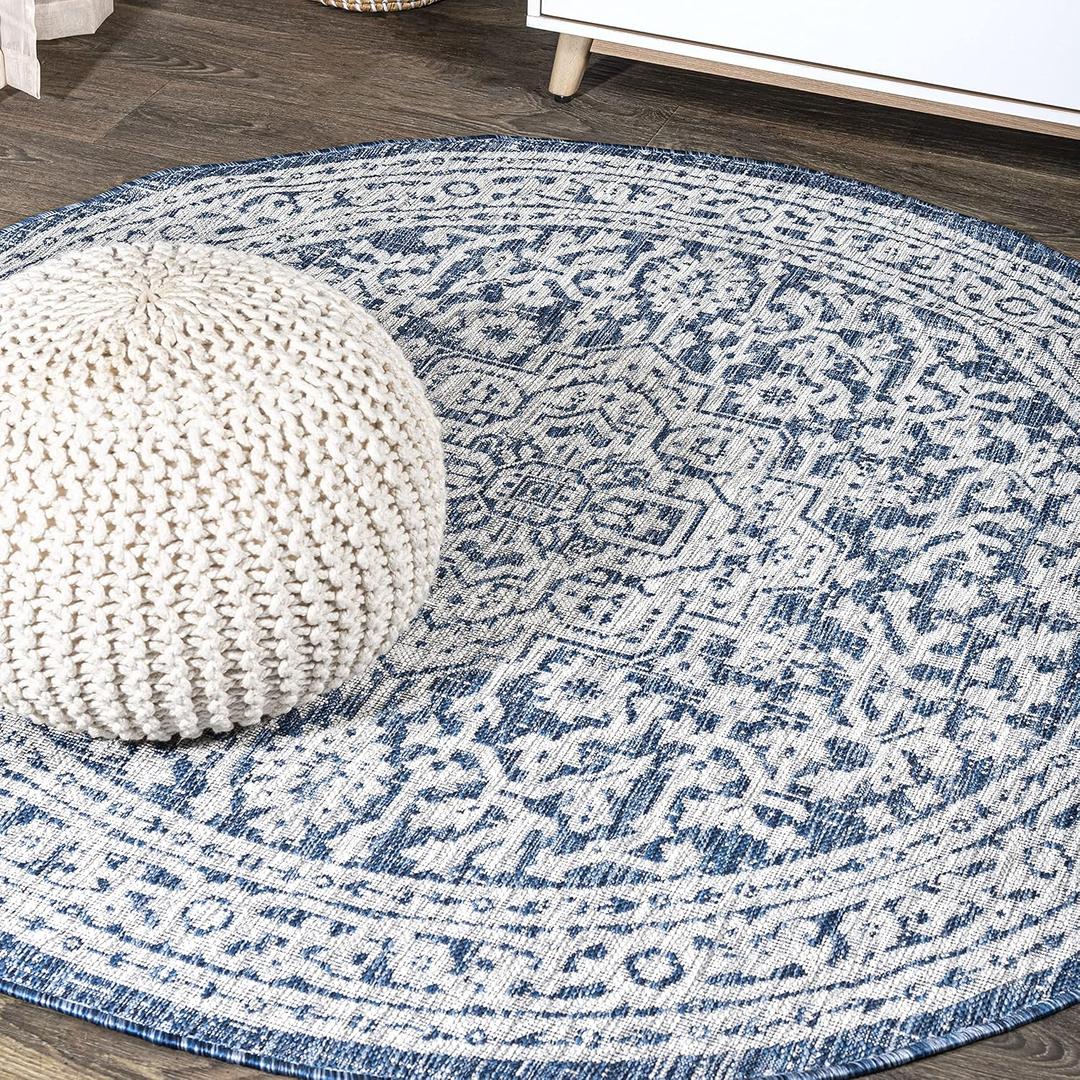 JONATHAN Y Medallion Weave Indoor Outdoor Round Area Rug 8 Ft Navy/Gray, Sinjuri Textured for Backyard, Patio, Porch, Easy-Cleaning, High Traffic, Pet-Friendly, Non-Shedding (SMB101B-8R)