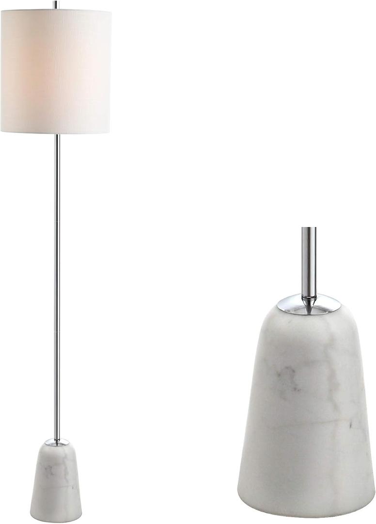 JONATHAN Y 62.5" Chrome and White Marble Floor Lamp, Contemporary Iron Standing Lamp with Round White Linen Shade and Foot-Switch, UL Listed, LED Bulb Included JYL2061A