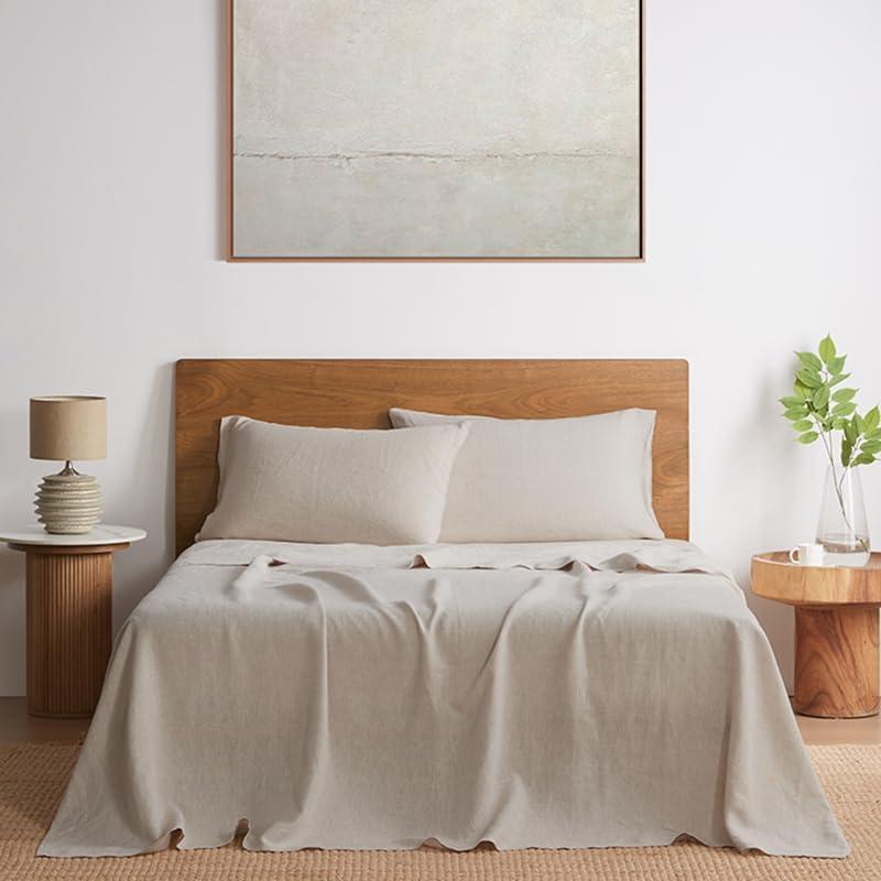 DAPU Pure Linen Sheets Set, 100% French Linen from Normandy, Breathable and Durable for Hot Sleepers, 4 Pcs Set - 1 Flat Sheet, 1 Fitted Sheet, 2 Pillowcases (Natural Linen, King)