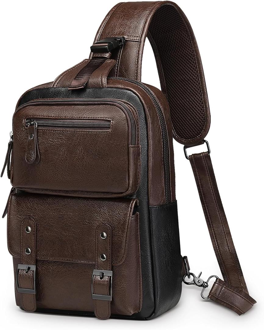 Vintage PU Leather Sling Backpack, Crossbody Shoulder Bag with Adjustable Strap, Multi-Pocket Compact Travel Chest Bag for Daily Use, Dark Brown