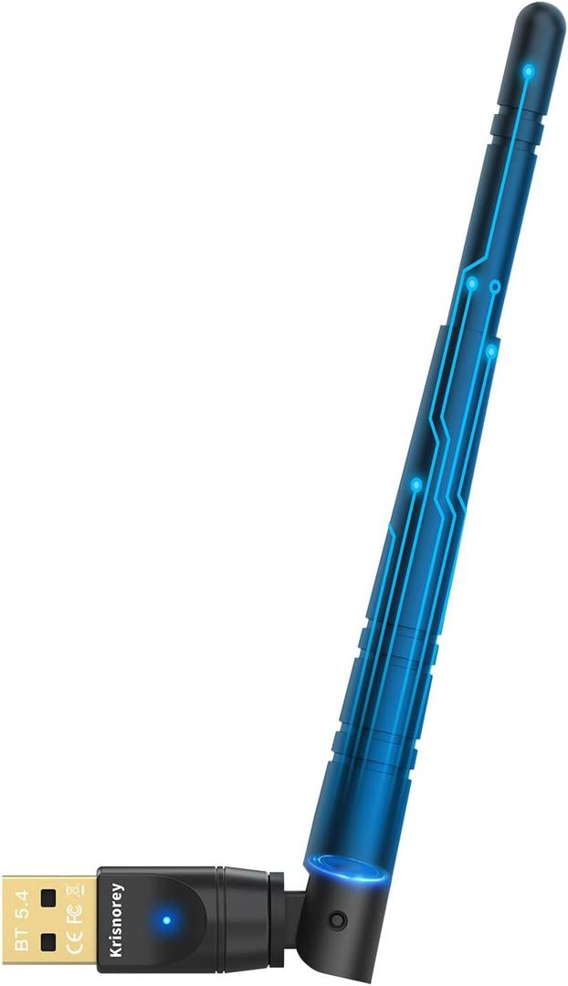 Krisnorey Long Range Upgraded Bluetooth 5.4 Adapter for PC, 5dBi High Gain Wireless USB Dongle for Windows 11/10/8.1/7 Laptop Linux Desktop, Plug & Pair Keyboard Mice Headphone Speaker Game Controller